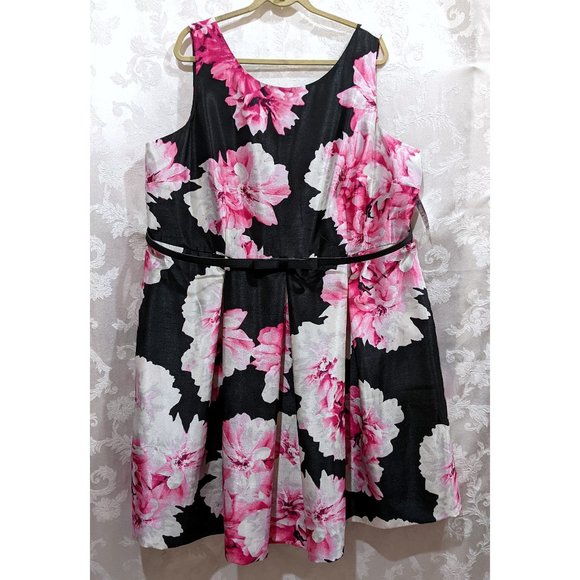 Floral Pleated Full Flare Dress 24 Shantung Bow Belt Pockets Retro Prom Party - Picture 1 of 7
